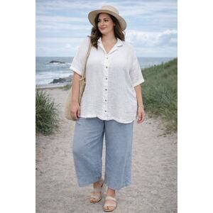 Old Navy 2x White Crinkle Cotton Demi Resort Shirt Lagenlook Button Up Blouse